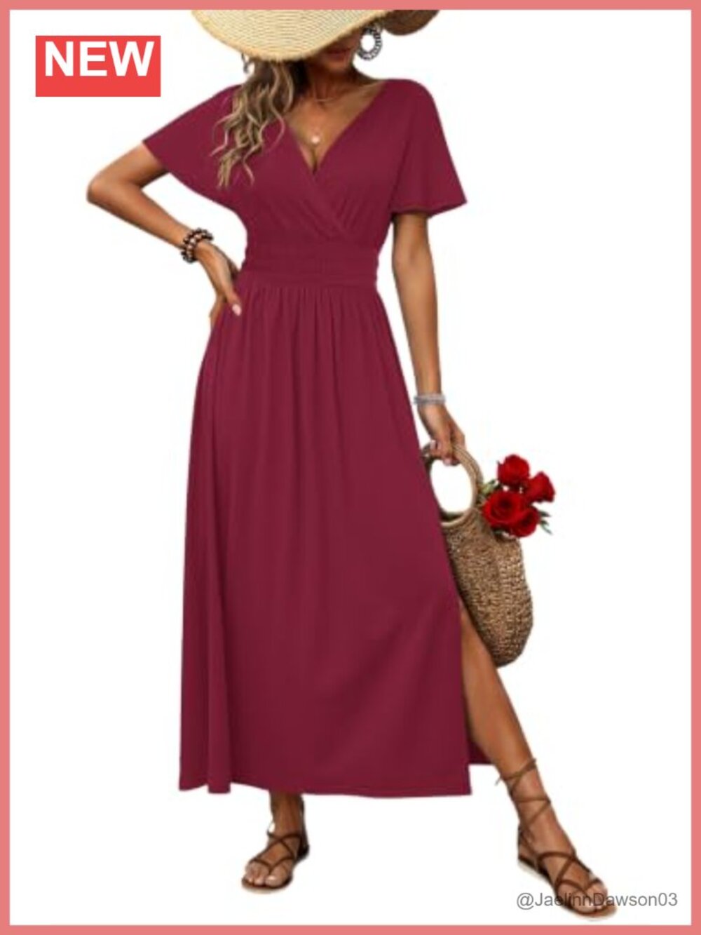 Women Floral Maxi Dress V Neck Flutter Sleeve Slit with Pockets